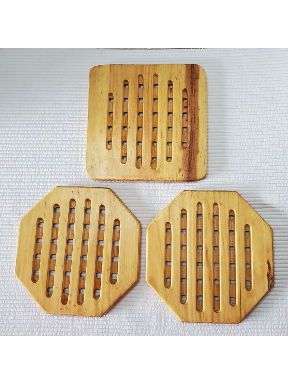 3 Vintage Wood Trivets Hot Plate Boho Square Hexagon MCM Vintage Lattice